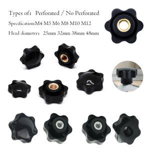 1/5Pcs M4-M12 6Star Knob Female Thread Nut Clamping Knob Grip Star Shape Hand Knobs Black Plastic Screw-On Handle Clamping Knob