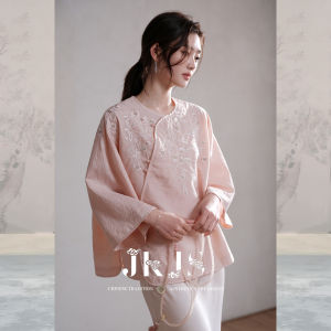 JK&JS | Wool Rayon Blend Embroidered Pink Light Spring Summer Shirt Blouse