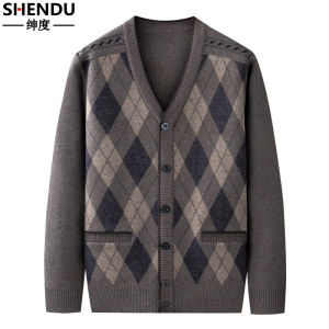 Thickened Warm Woolen Knitted Sweater for Dad Spring Autumn Business Casual V-Neck Long Sleeve Sweater for Elderly Men