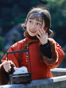 Childrens Cheongsam New Year Clothes Real Otter Rabbit Fur Winter Fashion Girls Festive Outfits Traditional Chinese Clothing