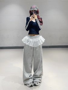 กางเกงกีฬาขาตรงสไตล์บัลเล่ต์ กระโปรงสั้นผ้าลูกไม้ ทรงหลวม ฤดูใบไม้ร่วง/ฤดูหนาว กางเกงวอร์มสีเทา สำหรับผู้หญิง