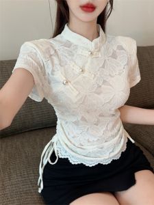 GUZILIAN | Elegant Pleated Cheongsam Top Womens Luxury Floral Embroidery New Chinese Style Button Detail Summer High-End Trendy T-shirt
