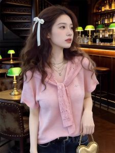XUECAIQI | Fashionable Youthful Korean Style Pink Knit Short Sleeve T-shirt