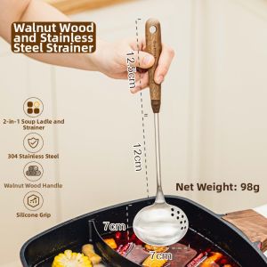 SHUEHO | Durable Two-in-one Soup Spoon for Home and Hot Pot Stainless Steel and Walnut Wood