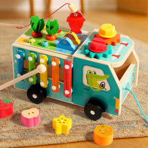 Wooden Farm Truck Multifunctional Toy - Shape Sorting Fishing And Bead Maze Suitable For Early Educational Toys For Toddlers