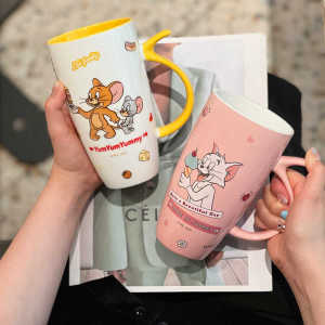 Cute Cat And Mouse Ceramic Mugs Large Capacity Drinking Cups for Couples Home Use Water Cups Gift Idea Cartoon Print Cups