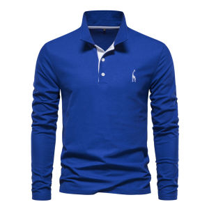 AIOPESON Deer Embroidery Mens Polo Shirts Solid Color Long Sleeve Polo Shirts for Men New Spring Social Business Polos Male