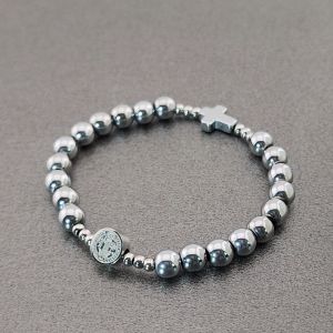AmenLIfe SG LET IT SHINE 6mm Handcrafted Catholic 6mm Hematite St Benedict Medal Hematite Cross Rosary Bracelet BB202