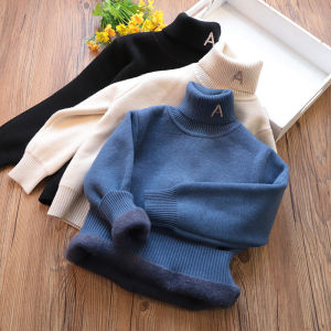 Kids Turtleneck Sweater Pure Color Winter Clothing Thickened Integrated Fleece Sweater Easiest for Match Child and Teen Boys Western Style Bottoming Knitwear