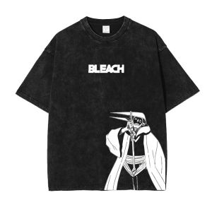 Bandai | Anime B-Bleach T Shirts Vintage Washed Kurosaki Ichigo T-shirt Streetwear Manga Renji Zaraki Kenpachi Tops Tees Man