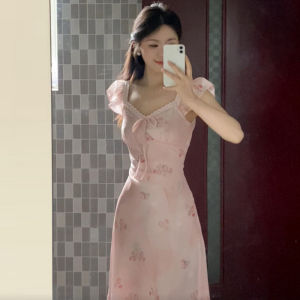 BeautyMark | Floral Print Pink Summer Dress Womens High Waist A-Line Skirt Short Sleeve V-Neck Casual Style Beautiful Unique Long Dress