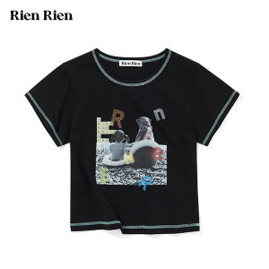 เสื้อยืดคอกลมแขนสั้นผ้าฝ้ายลายตัวอักษรปักสีสันสดใสสำหรับเด็ก Rien Rien ทรงเข้ารูป ทรงเข้ารูป ฤดูร้อน 2024