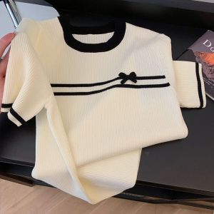 Áo Thun Tay Ngắn Cổ Tròn Thắt Nơ Thời Trang Mùa Hè Cho Nữ Áo Thun Lụa Băng Màu Tương Phản Vai Áo Thun Phong Cách Hàn Quốc Áo Thun Cổ Tròn