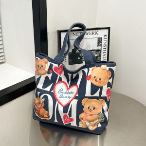 Large Capacity Canvas Tote Bag Butter Bear Cartoon Cute Handbag Single Shoulder Bag Sweet Lady Style Commute Purse Ka Le Er