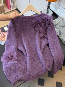 Elegant Purple Floral Knit Top for Plus Size Slimming Spring Autumn