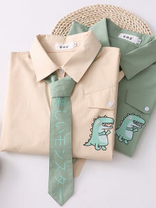 Cute Dinosaur Tie Short Sleeve Loose Womens Shirt Summer Student Style Sweet School Uniform Cotton Blend Polo Neck Button up