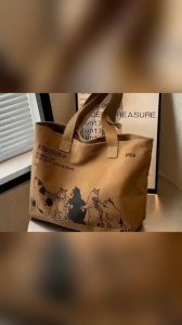 TWOL SHOP Stock no.134，1pcs Cat Tote Bag For Women Shopping Large Shoulder Portable With Zipper Canvas Korean Style