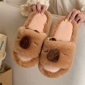 Thin Strips Autumn and Winter Cute Fluffy Slippers Mens and Womens Christmas Elk Non Slip Couple Household Word Cotton Slippers