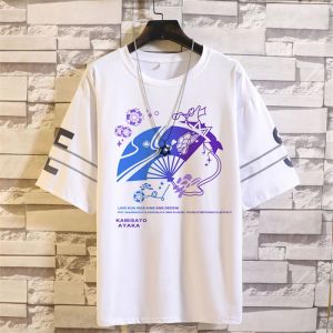 Genshin Impact Night Lotus Short Sleeve T-Shirt Mens Anime Manga Print Loose Fit round Neck Five Sleeve Summer Top