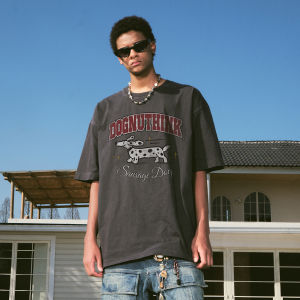 Vintage Aesthetic Distressed Letter & Dog Pattern Tee