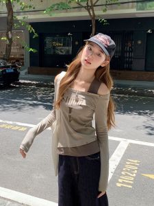 American Style Hot Girl Fake Two-Piece Long Sleeve T-Shirt Women Early Autumn Outdoor Wear Slimming One-Shoulder Small Top