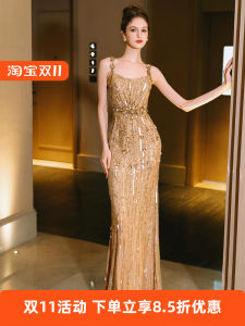 Gold Strapless Evening Gown Elegant Sequin Bridal Dress Luxury Heavy Embroidery Fish Tail Engagement Party Long Dress