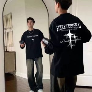 Áo Thun Cotton Đen Dài Tay Cổ Tròn Cho Nam Thời Trang Đường Phố Mỹ Cổ Điển Thương Hiệu Hợp Thời Trang Đa Năng Mùa Thu