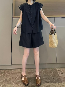 Shalldoer | Casual Embroidered Short Sleeve Shirt And Solid Color Shorts Two Piece Set For Women Summer Fashion Anti Aging Ensemble