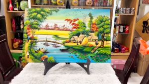 Tranh sơn mài Thanh Bình Lê- ĐỒNG QUÊ vẽ màu khảm trứng size 50x80 cm hàng xuất khẩu nhiều mẫu