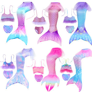 Little Mermaid Tails 4-13 Years Girls Swimsuit with Top Shorts Bathing Suits Beach Pool Party Swimmable Cosplay Costume Props