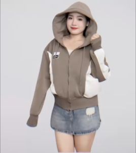 Áo khoác nỉ 4 túi2 túi khóa kéo ngoài phối màu dễ thương tay xỏ ngón mũ rộng chông nắng tốt