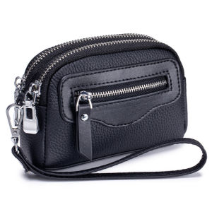 MEIFEI | Sleek Wristlet Mini Purse Genuine Leather Large Capacity Dual Zipper Multi-functional Coin Purse
