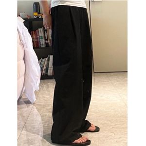 Black Casual Straight Leg Suit Pants Womens Thin Summer Trousers High Waist Long Legs Commute Style Korean Version Wide Leg Pants