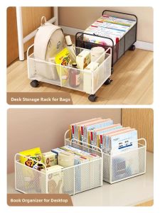 Mobile Student Desk underneath Storage Rack with Casters Workstation Organizer Home Use Carbon Steel Bag Holder Universal