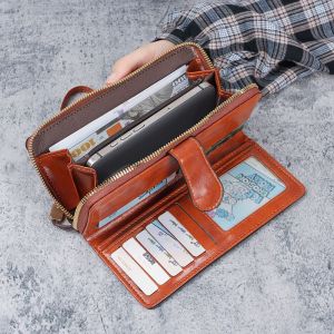 Large Capacity Womens Wallet Fashionable Oil Wax Leather Long Style with Label Slot for Big Notes Hollow out Multi-layer