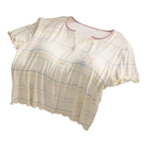 miiow | Womens Summer Lightweight Short Sleeve Pajamas Set Striped Home Clothes Can Be Worn Outside Round Neck Button Front Closure