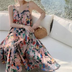 V Neck Retro Color Dress Ins Super Popular Strap Sanya Style Beach Dress Super Girl Seaside Holiday Beach Dress