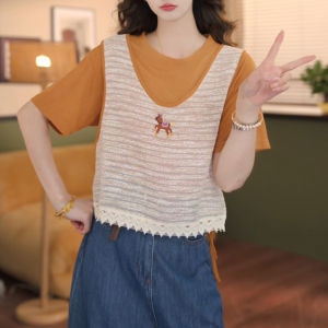 Shalldoer | เสื้อยืดคอกลมแขนสั้นลายทางสองชั้นสำหรับผู้หญิง แฟชั่นฤดูร้อน ลำลอง สวมใส่สบาย เสื้อตัวบนที่ทันสมัย