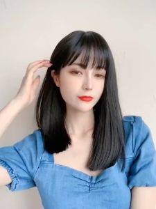 Fashion Korean Straight Wigs for Woman Hair with Bang Medium Long Full Head Cover Collarbone Wig
