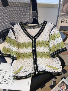 Design Sensation Hollow out Short Sleeve Womens Cardigan Thin Summer Top V-Neck Button Detail Commute Style Slim Fit