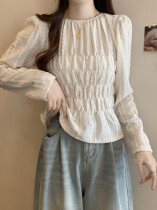 Stylish French Style Lace Shirt Womens Autumn Clothing Plus Size Plus Size Ladies Slim Looking Waist Tight Tummy Hiding Unique and Super Nice Tops