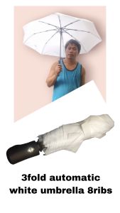 3-Fold Automatic White Umbrella with 8 Ribs: Ideal for Sun and Rain Shielding