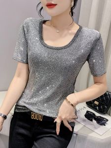 Áo Thun Nữ Tay Ngắn Đính Đá Rhinestone Thời Trang Mùa Hè 2024 Thiết Kế Châu Âu Chất Lượng Cao Áo Thun Thời Trang
