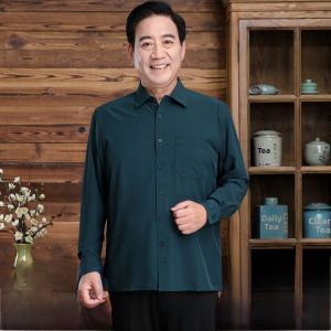 SHIPAILUO | Loose Casual Long Sleeve Ice Silk Sun Protection Shirt For Middle-Aged Men Autumn Business Gentleman Style Pure Color Polyester Blend