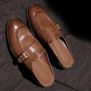 French Vintage round Head Thick Heel Womens Slip-On Mules Leather Version Half Slippers Casual Comfortable Rubber Outsole