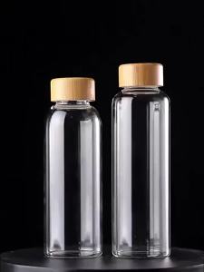 1pc Glass Sports Water Bottle with Wooden Lid 500/750/1000ML for Vegetable Juices Fruit Juices And Coffee Include Cleaning Brush