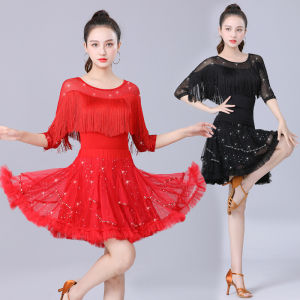 Latin Square Dance Women Sequins Black Red Suit Top And Skirt