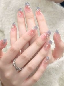 Handmade Gradient Milk Blue Blush White Enhancing Nail Art Stickers Simple Design Luxury Wearable False Nails Mirror Powder Blue