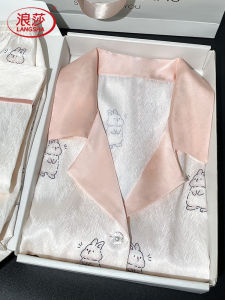 Langsha Womens Sleepwear Ice Silk Set Summer Thin Long Sleeve Home Clothes Rabbit Design Casual Style Long Pants Comfortable