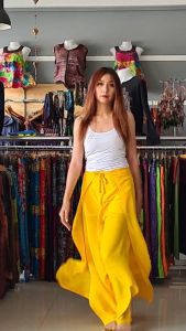 กางเกงพัน กางเกงผ่าด้านข้าง กางเกงยาวเอวแบบผูก กางเกงชายหาด กางเกงโยคะ Wrap Pants (สีเหลือง)